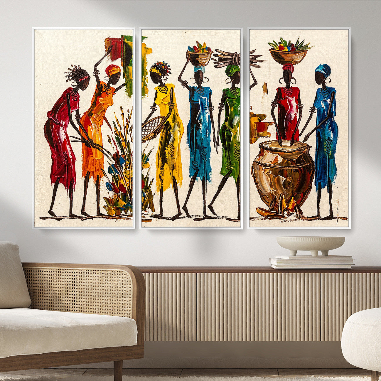 83463154-MGV-CV-36X24 - African Folk Art Canvas Wall Art, Colorful African Women Village Painting Print, Tribal Ethnic Home Decor, Vibrant African Art, Living Room