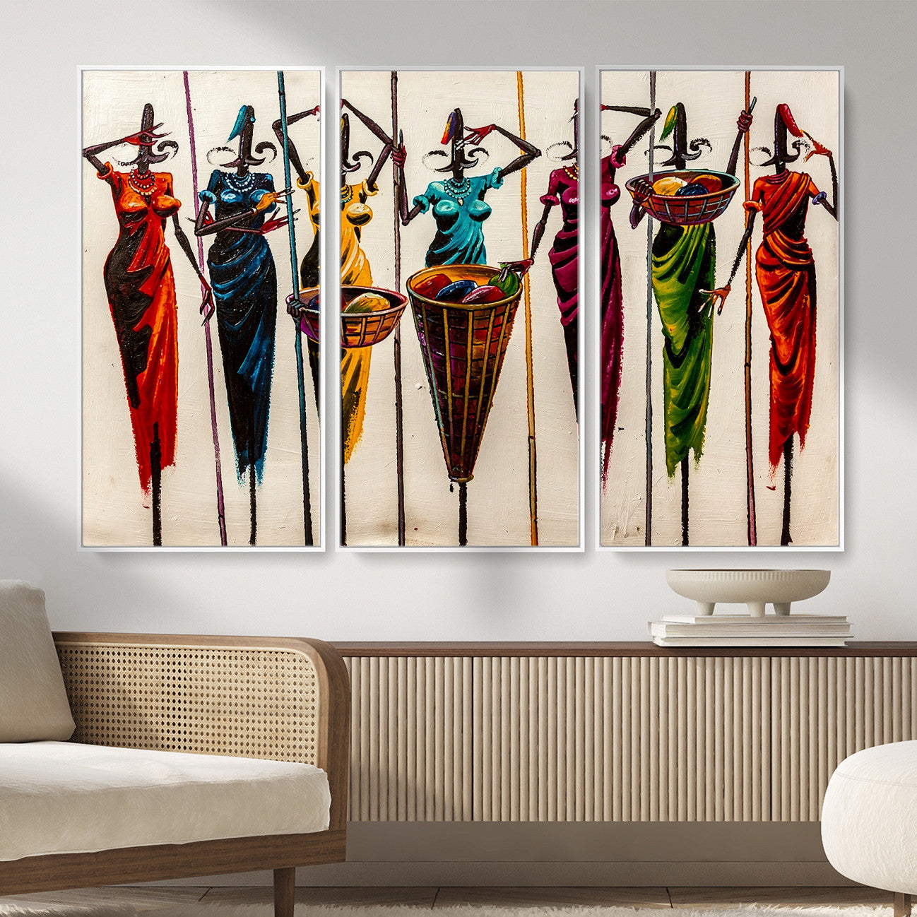 53545627-MGV-CV-36X24 - African Folk Art Canvas Wall Art, Colorful African Women Village Painting Print, Tribal Ethnic Home Decor, Vibrant African Art, Living Room