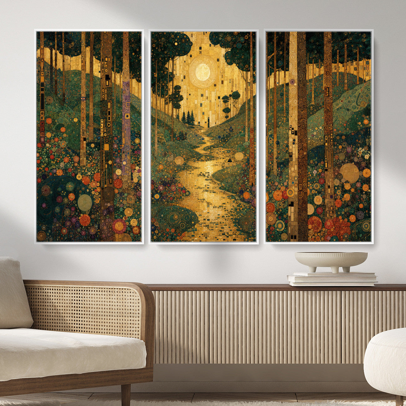 79483321GS-MGV-CV-48X32-3P - Gustav Klimt Style Forest Canvas Wall Art, Golden Forest Path Floral Art Nouveau Print, Enchanted Woodland Decor