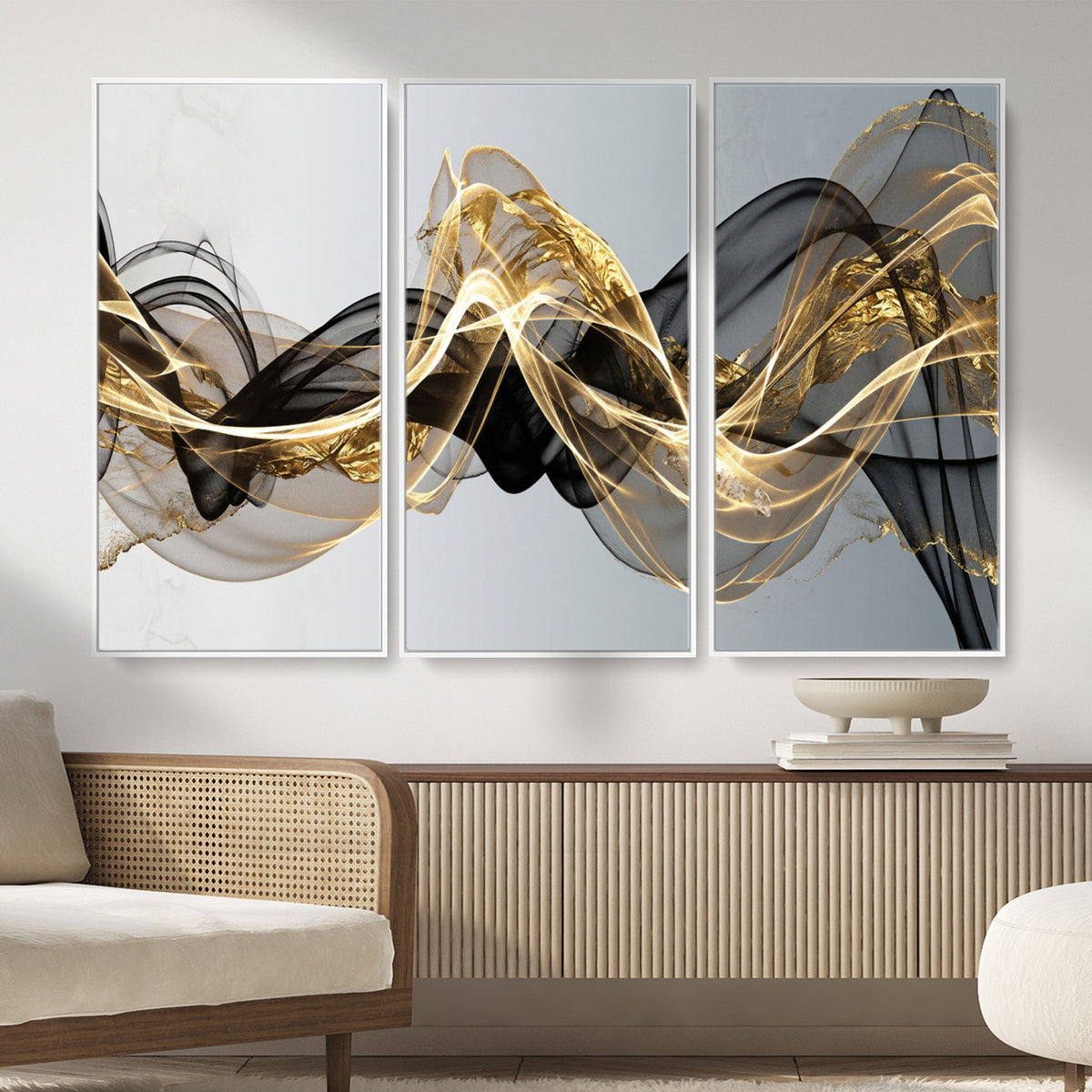 79483321DL-MGV-CV-36X24 - Black and Gold Abstract Wall Art, Modern Wave Canvas Print, Elegant Flowing Smoke Art, Luxury Living Room Decor