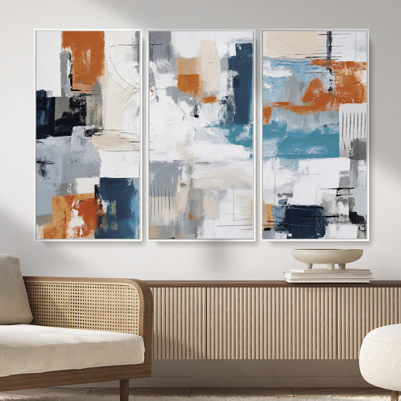 44950303-MGV-CV-36X24 - Blue Teal Abstract Canvas Wall Art, Modern Textured Painting Print, Navy Orange White Contemporary Art, Neutral Living Room Decor, Office Art