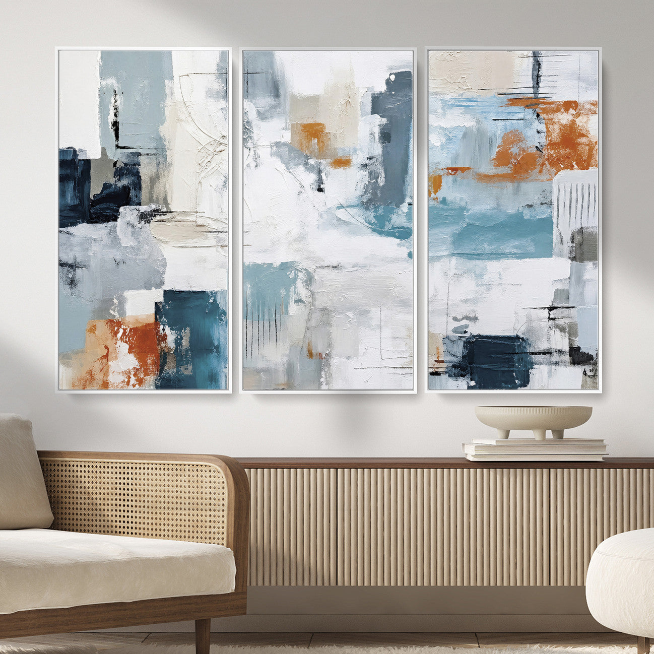 98638479-MGV-CV-36X24 - Blue Teal Abstract Canvas Wall Art, Modern Textured Painting Print, Navy Orange White Contemporary Art, Neutral Living Room Decor, Office Art