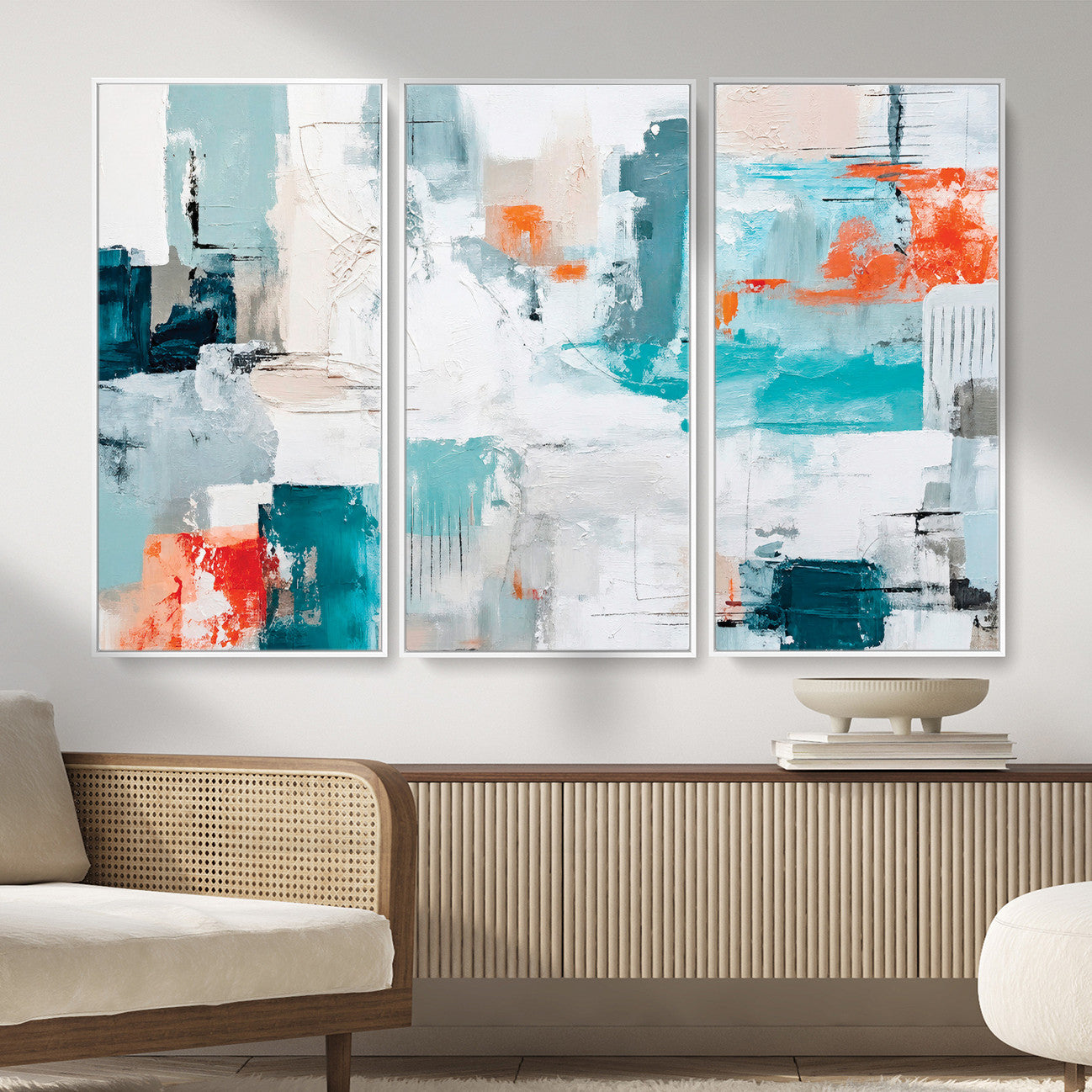 98638479-MGV-CV-36X24 - Blue Teal Abstract Canvas Wall Art | Modern Textured Painting Print, Navy Orange White Contemporary Art, Neutral Living Room Decor, Office Art