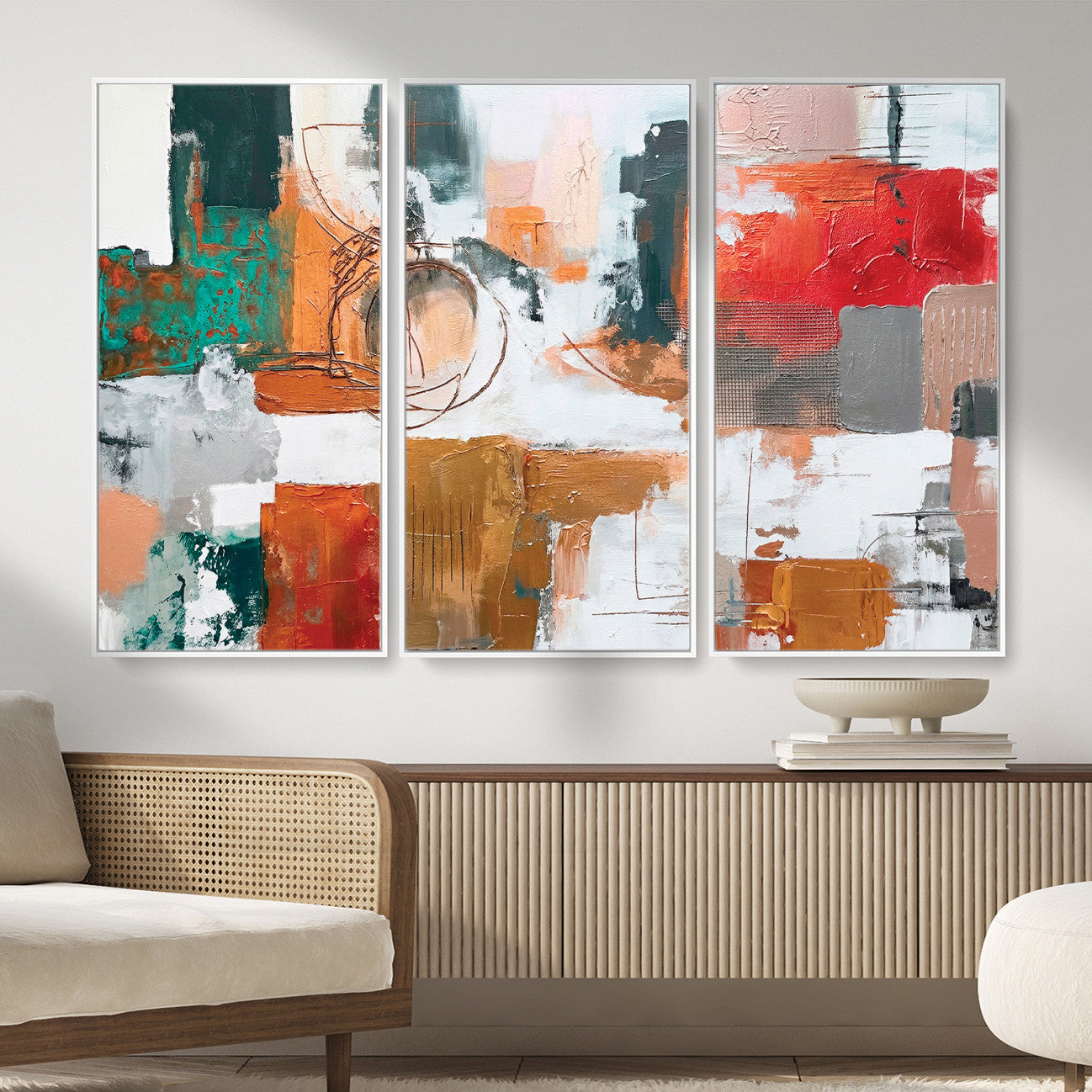 50720312-MGV-CV-36X24 - Blue Teal Abstract Canvas Wall Art | Modern Textured Painting Print, Navy Orange White Contemporary Art, Neutral Living Room Decor, Office Art.