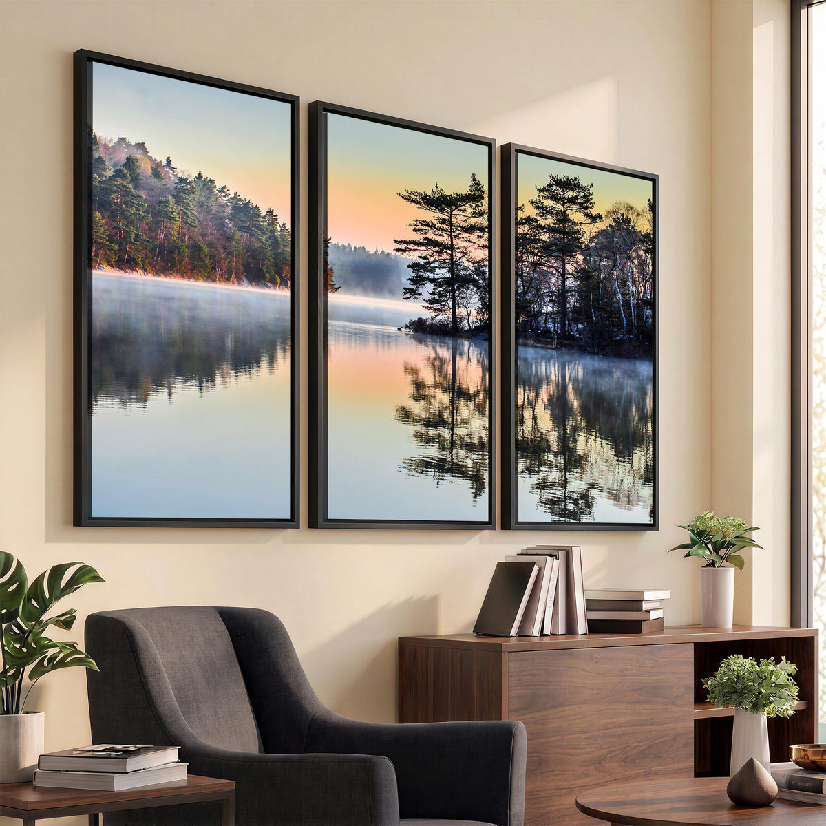 34236027-MGV-CV-36X24 - Before People Wake Canvas Wall Art Print, Misty Lake Sunrise Landscape, Forest Reflection Nature Decor, Ready to Hang