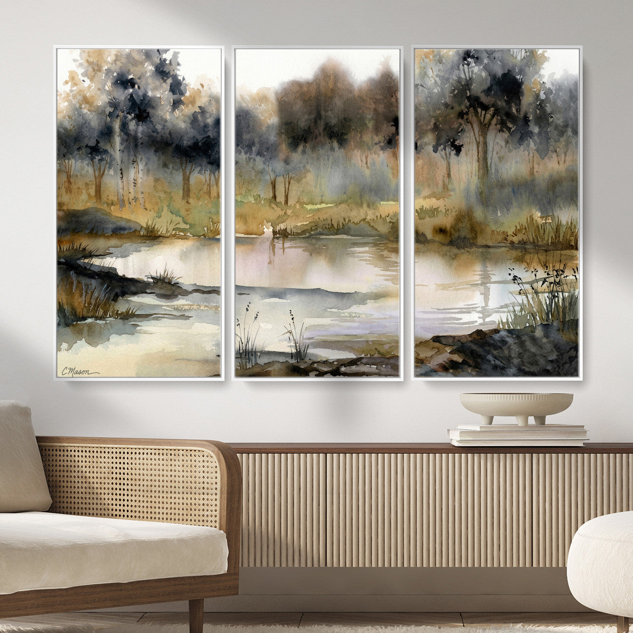 27383609-MGV-CV-36X24 - Abstract Watercolor Autumn Lake Canvas Wall Art Print - Misty Forest Landscape, Rustic Nature Painting, Cabin Wall Decor - Ready to Hang