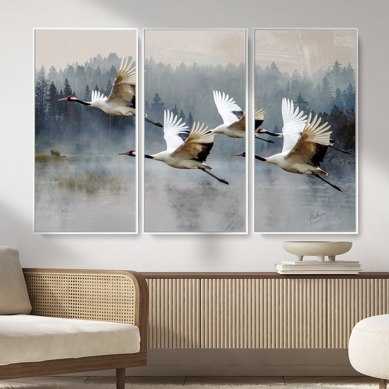 24356826-MGV-CV-36X24 - Flying Crane Canvas Wall Art Print, White Crane Bird Artwork, Wildlife Nature Decor, Lake Landscape Canvas - Ready to Hang