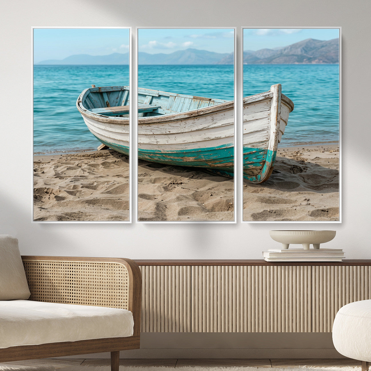 49963709-MGV-CV-36X24 - Coastal Boat Canvas Wall Art Print, Beach Boat Painting, Nautical Ocean Decor, Seascape Wall Art, Ready to Hang