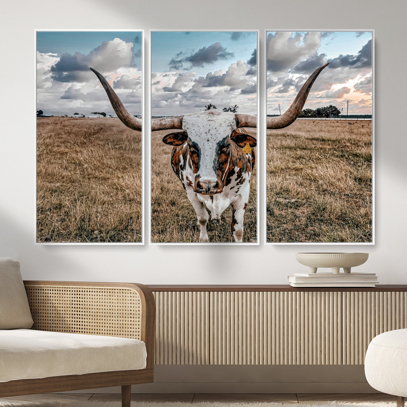 17464823-MGV-CV-36X24 - Texas Longhorn Canvas Wall Art Print, Western Cow Photography, Rustic Ranch Decor, Farmhouse Wall Art, Ready to Hang