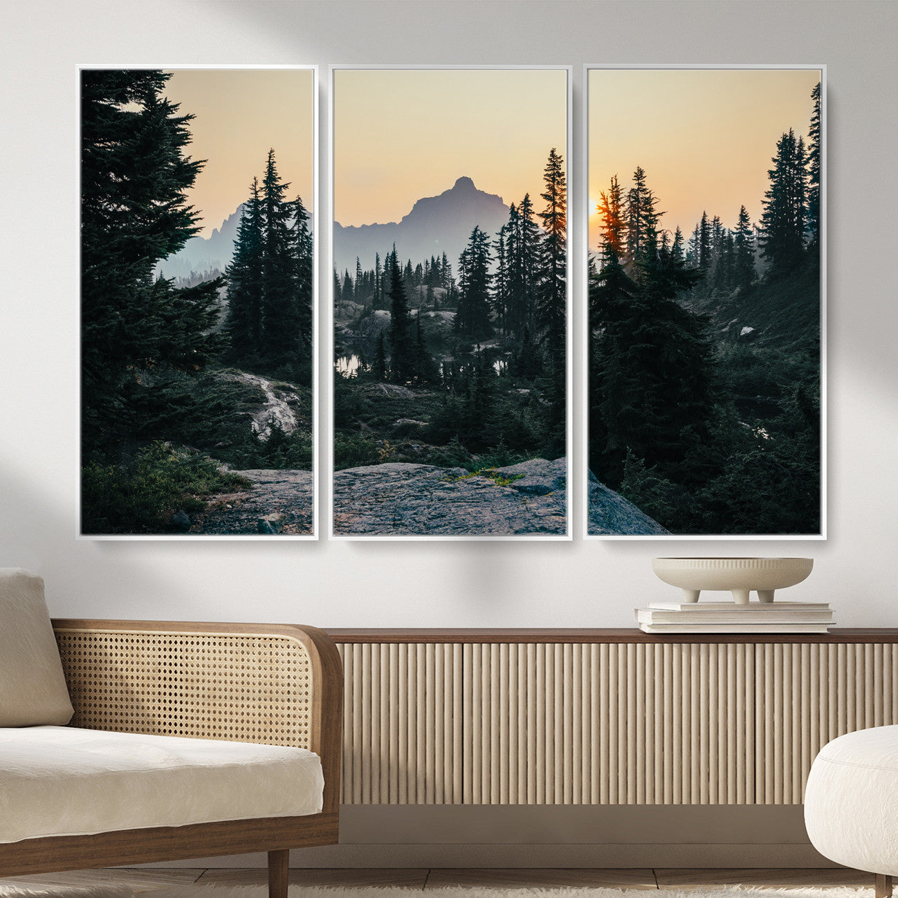 89996020-MGV-CV-36X24 - Mountain Forest Canvas Wall Art Print, Pine Tree Landscape, Sunset Nature Photography, Wilderness Wall Decor, Ready to Hang