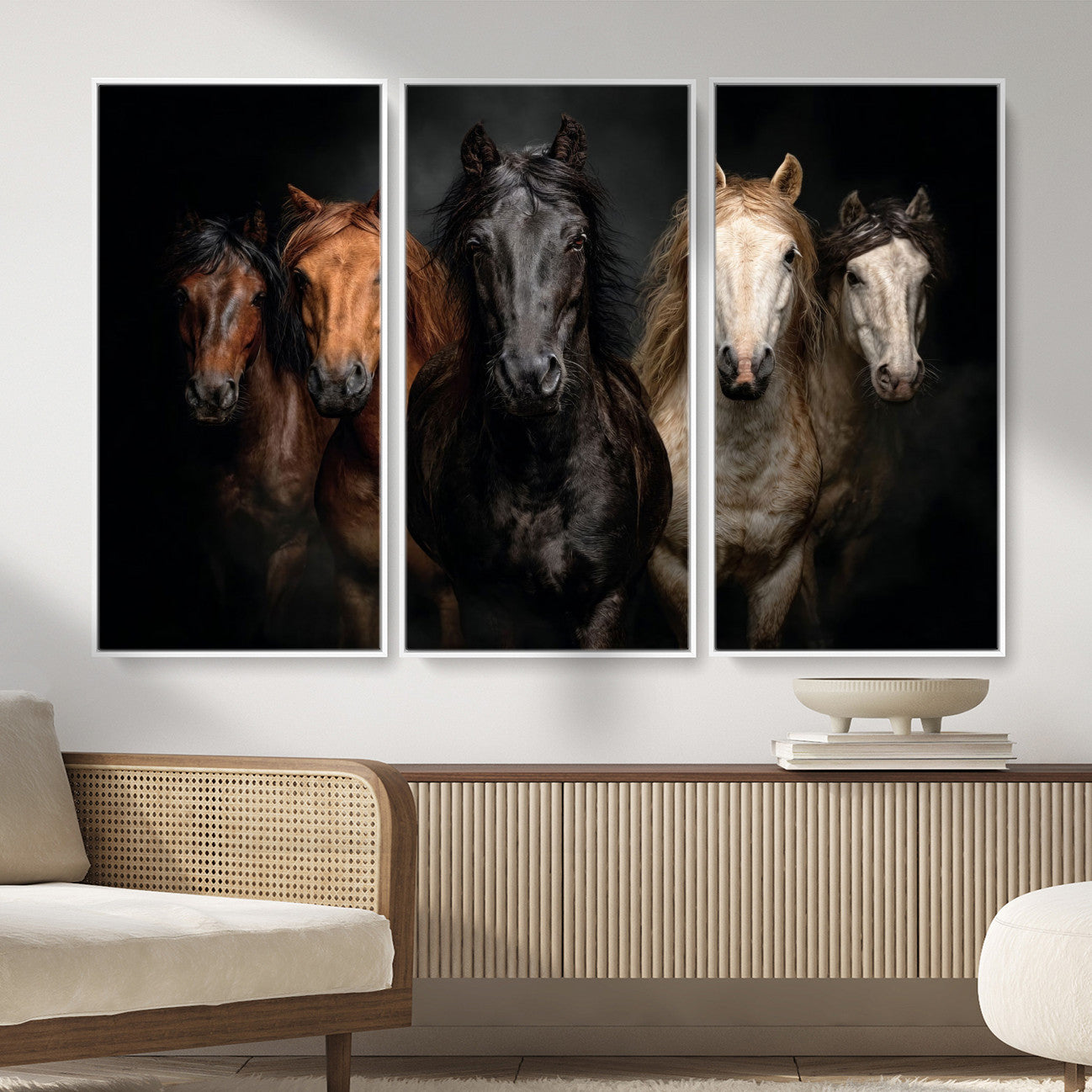77696206-MGV-CV-36X24 - Horse Wall Art Canvas Print | Wild Horses Portrait Photography, Animal Horse Decor, Black Brown White Horse Herd
