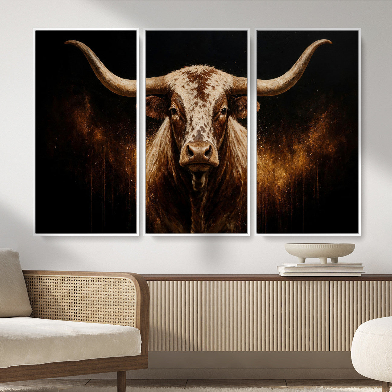 62076449-MGV-CV-48X32-3P - Texas Bull Cow Longhorn Canvas Wall Art Moody Western Bull Oil Painting Print