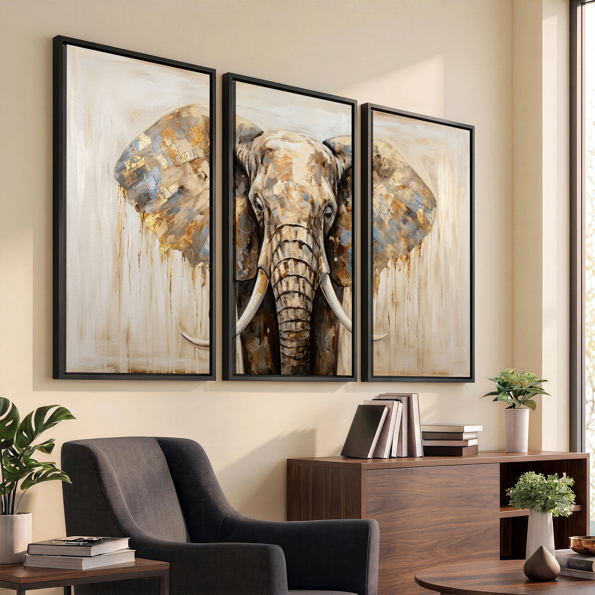 95819221-MGV-CV-36X24 - Gold Leaf Elephant Canvas Wall Art Abstract African Wildlife Painting Print