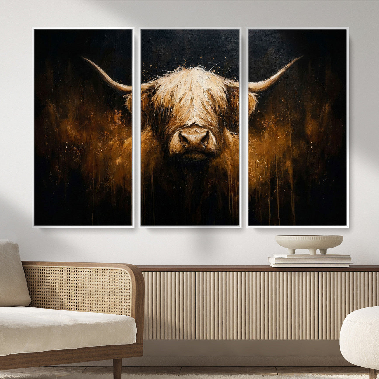 79873059-MGV-CV-36X24 - Rustic Highland Cow Canvas Print Dark Farmhouse Cattle Wall Decor