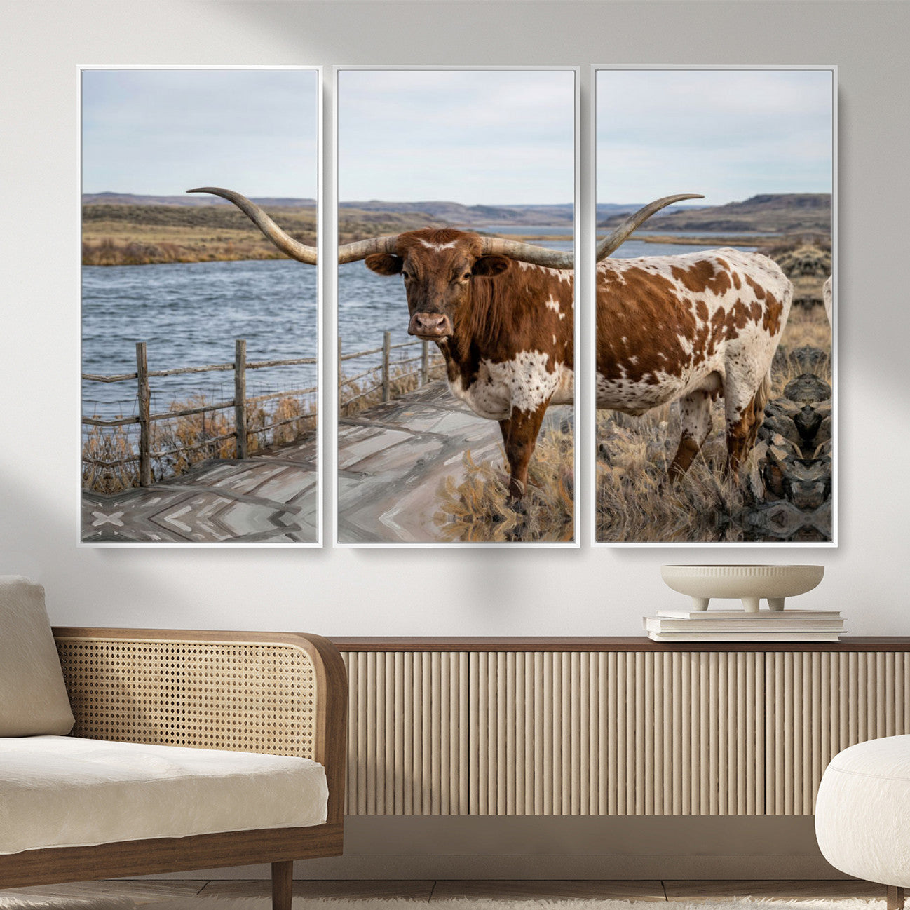 91575949-MGV-CV-36X24 - Texas Longhorn Cattle in Desert Pasture Wall Art Canvas Print - Rustic Western Decor