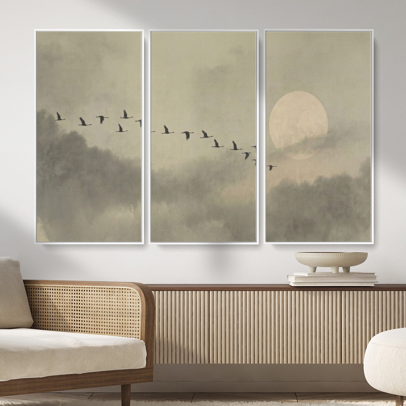 12098149-MGV-CV-36X24 - Flock of Birds Flying to Full Moon Wall Art Canvas Print - Vintage Surreal Clouds Painting