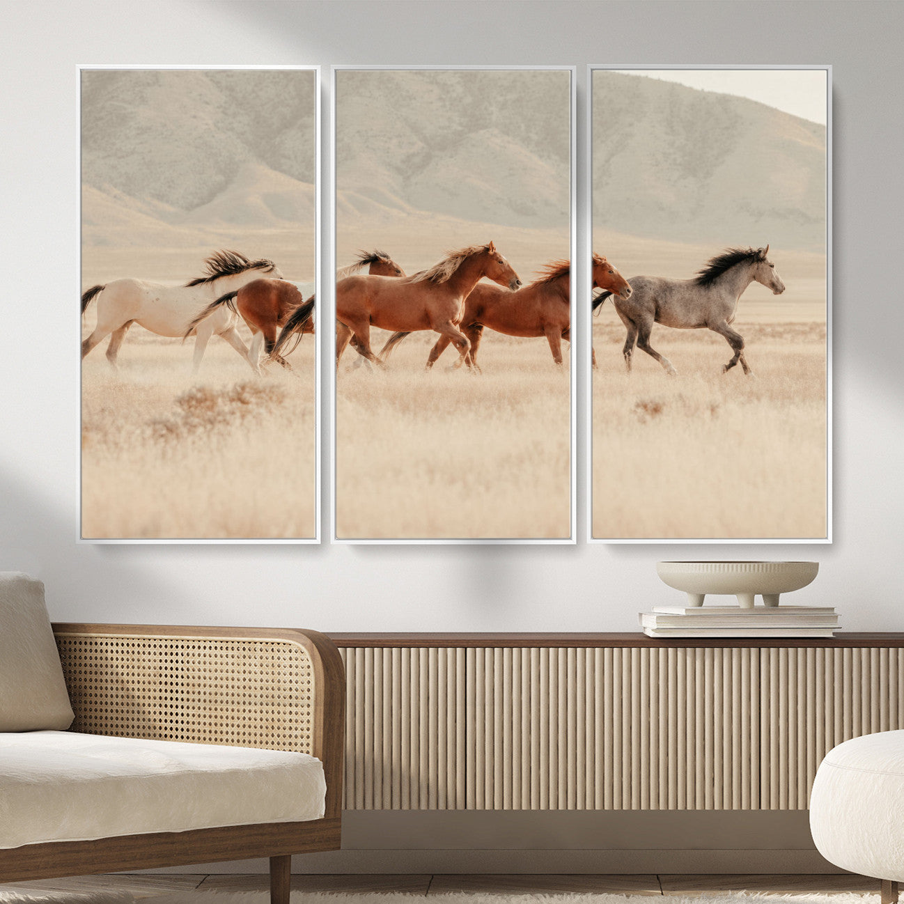 43348446-MGV-CV-36X24 - Herd of Wild Horses Running in Desert Mountain Wall Art Canvas Print - Boho Western Landscape