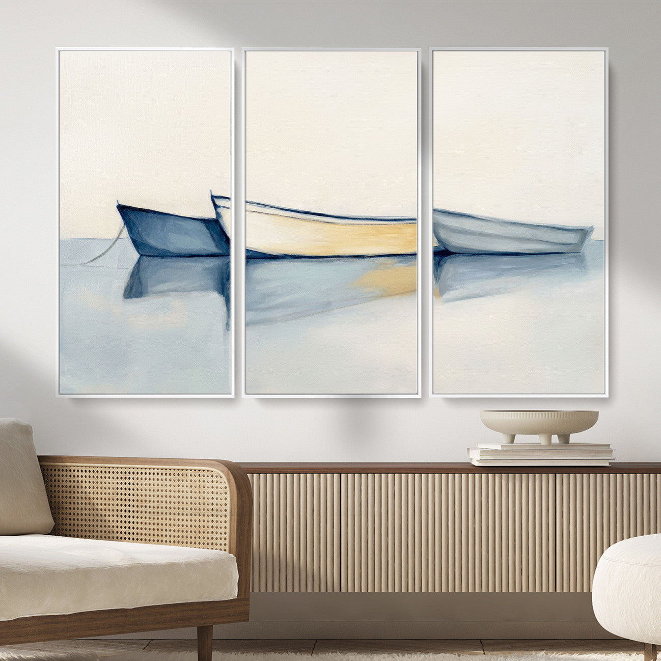 84017361-MGV-CV-36X24 - Abstract Three Boats Reflecting on Water Wall Art Canvas Print - Minimalist Coastal Seascape