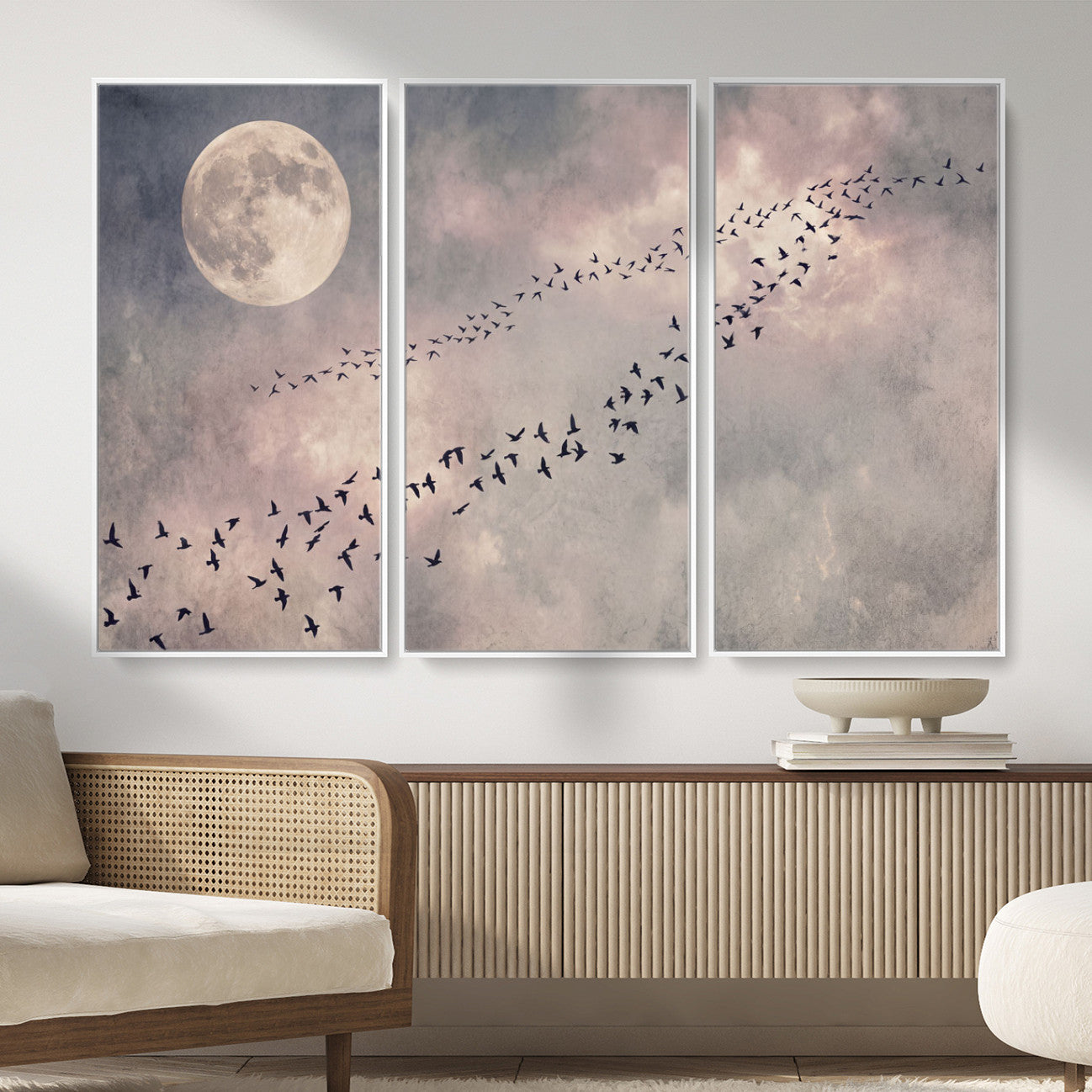 52339590-MGV-CV-36X24 - Birds Flying to Moon Wall Art Canvas Print - Vintage Surreal Night Sky Sky Print