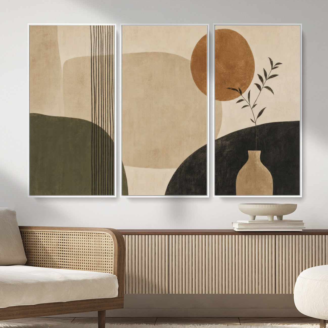 29113684-MGV-CV-36X24 - Japandi Minimalist Abstract Wall Art Canvas Print, Sage Green and Terracotta Sun Botanical Painting Print
