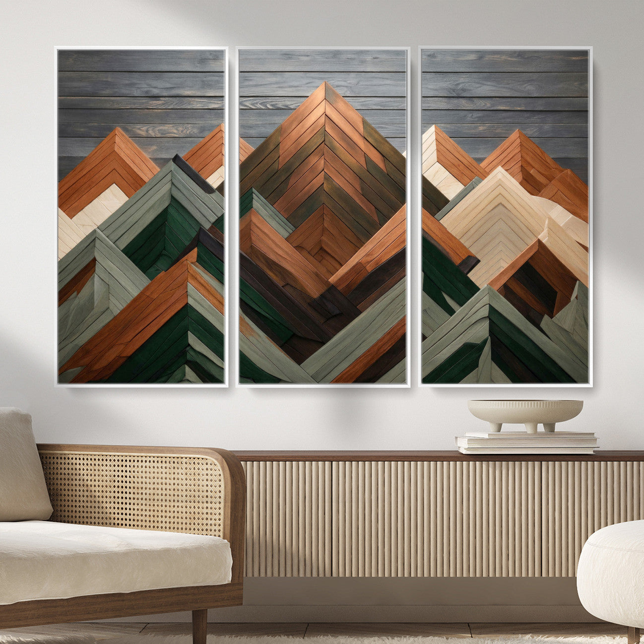 84617347-MGV-CV-36X24 - Geometric Wood Mountain Wall Art Canvas Print, 3D Look Rustic Mosaic Landscape Print