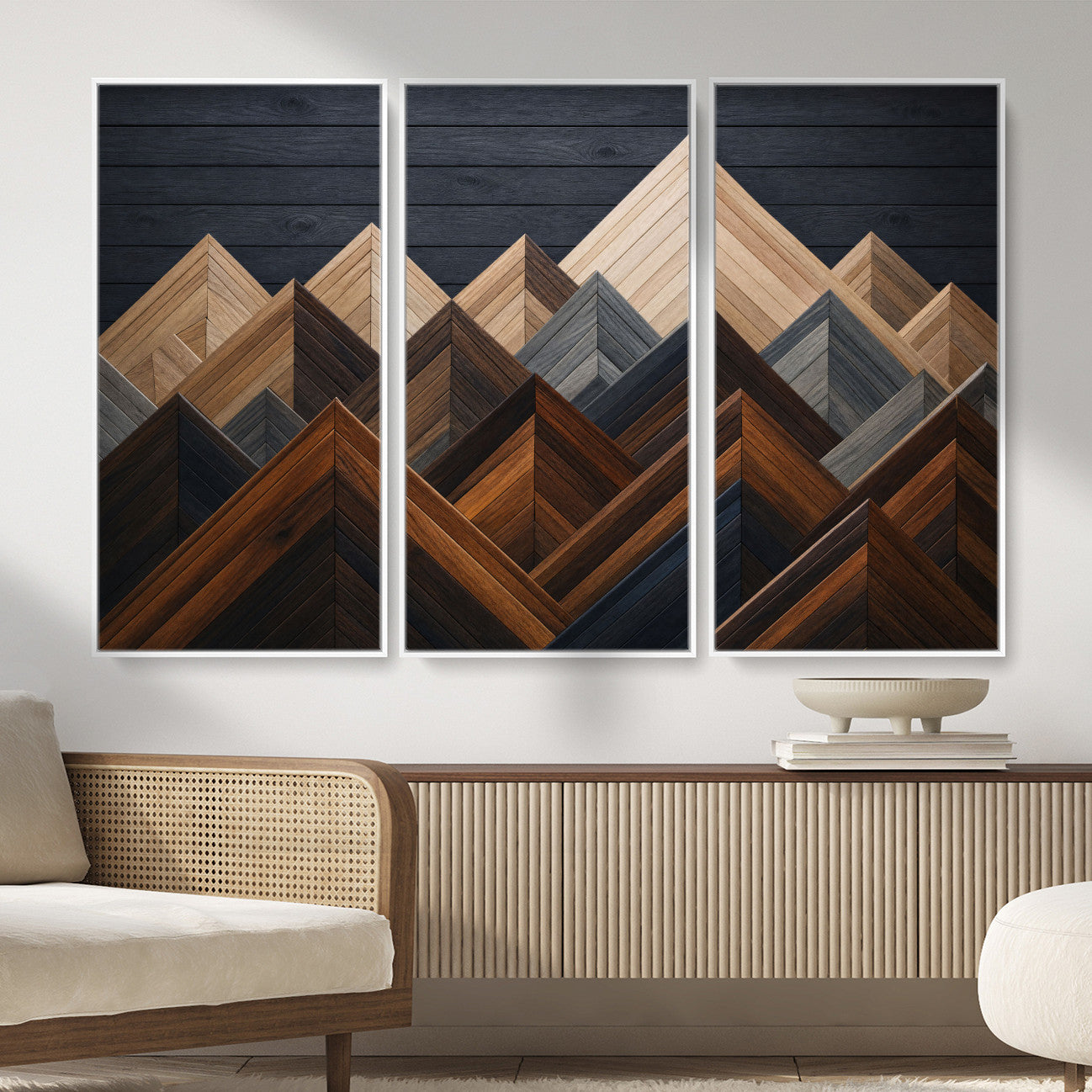 70531117-MGV-CV-36X24 - Geometric Wood Mountain Wall Art Canvas Print, 3D Look Rustic Mosaic Landscape Print