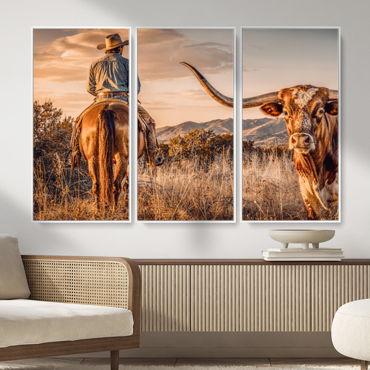 62076449C-MGV-CV-36X24 - Texas Cowboy and Longhorn Bull Print for Western Wall Art Decor for Farmhouse
