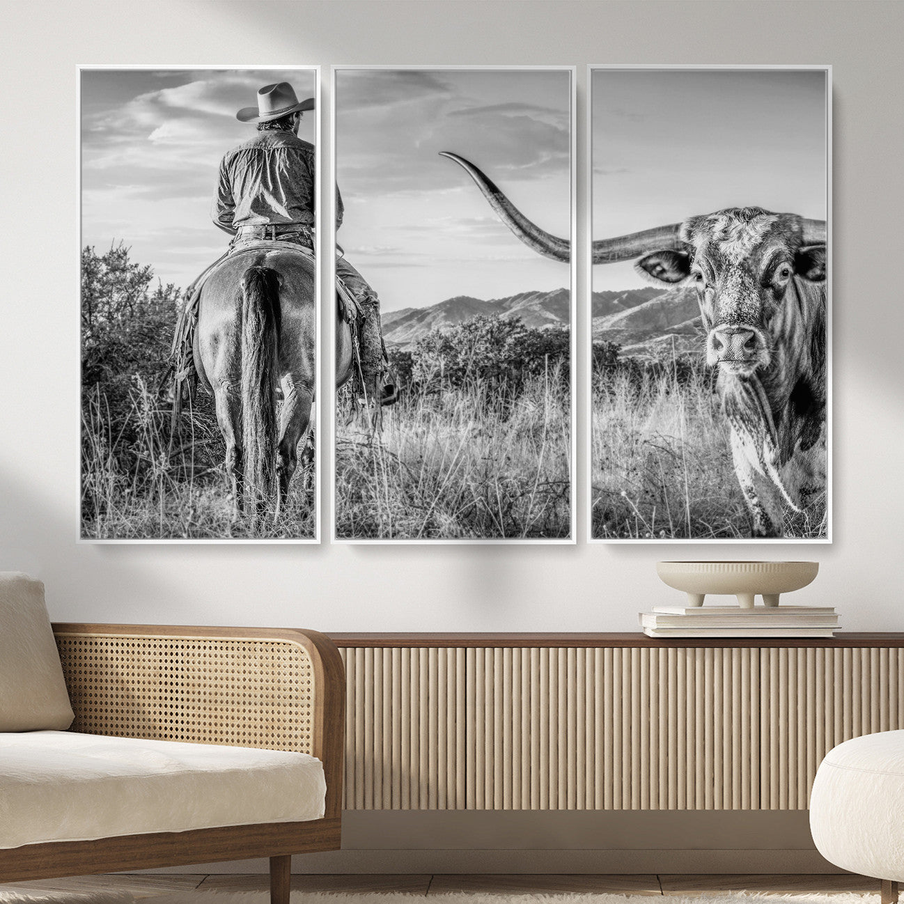 62076449WB-MGV-CV-36X24 - Texas Cowboy and Longhorn Bull Print for Western Wall Art Decor for Farmhouse
