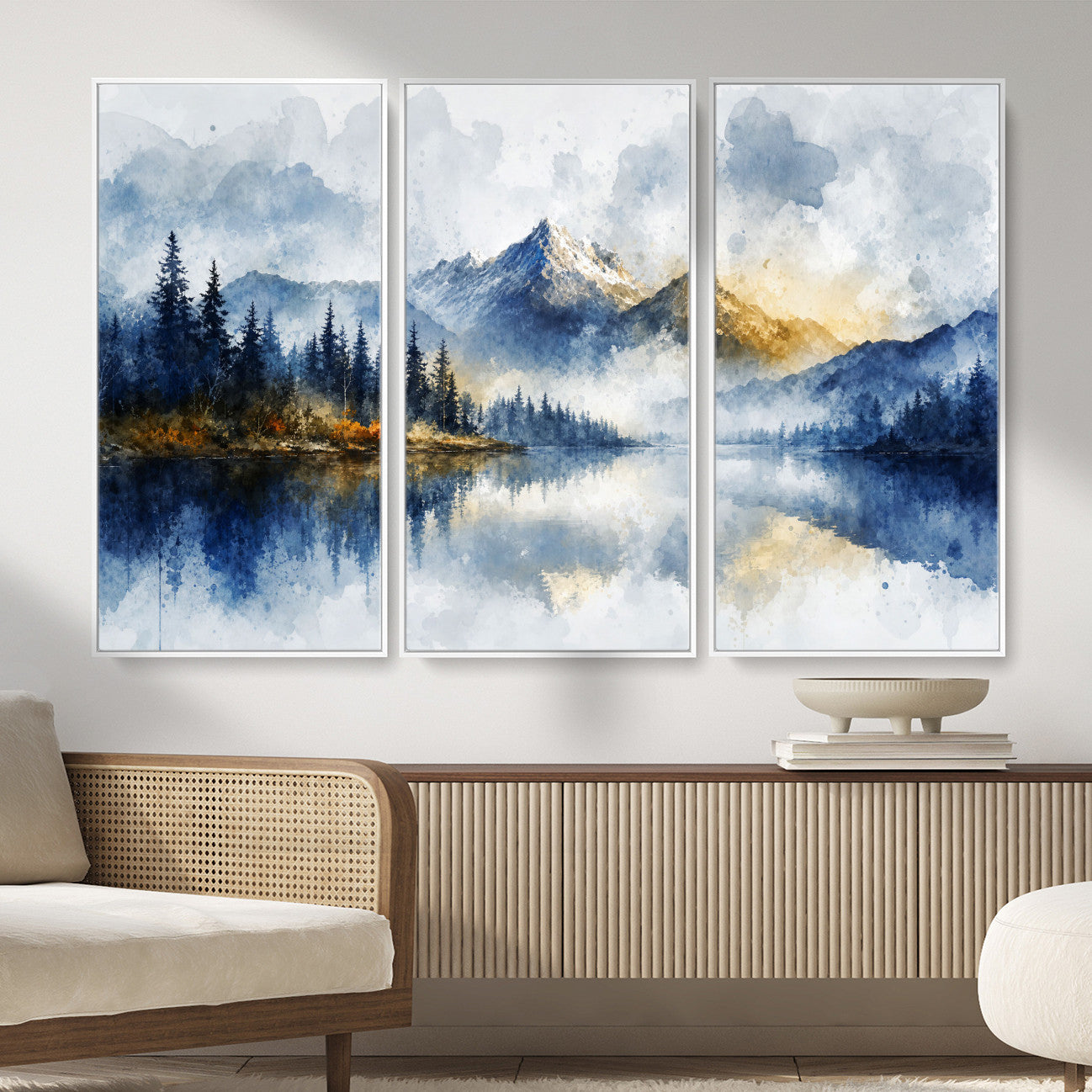 62076449DG-MGV-CV-36X24 - Abstract Watercolor Mountain Lake Wall Art Print for Living Room Decor
