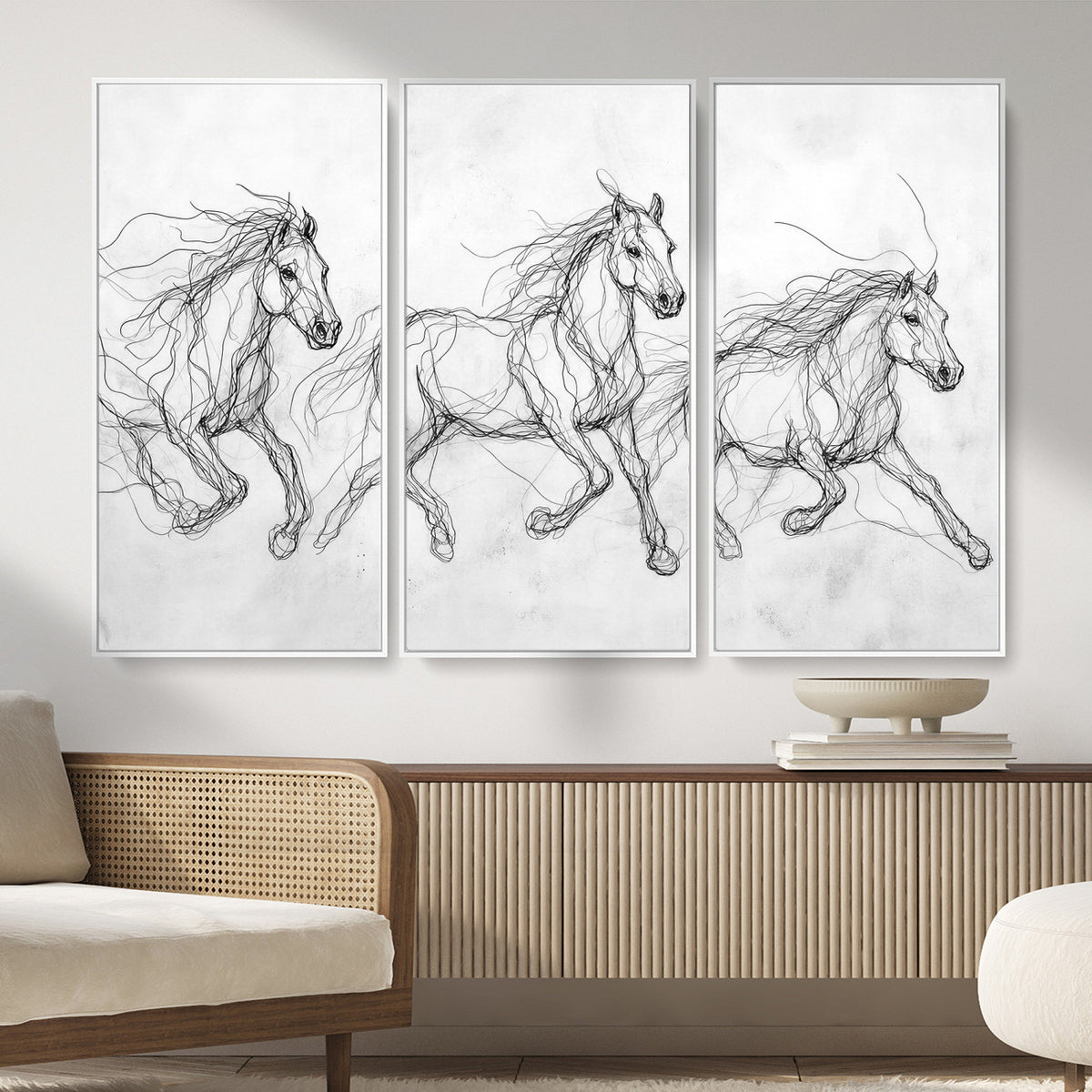 53600119-MGV-CV-36X24 - Monochrome Horse Canvas Wall Art, Black Ink Sketch Wild Horses Print, Minimalist Equestrian Artwork, Modern Abstract Line Decor, Urban Loft Gift