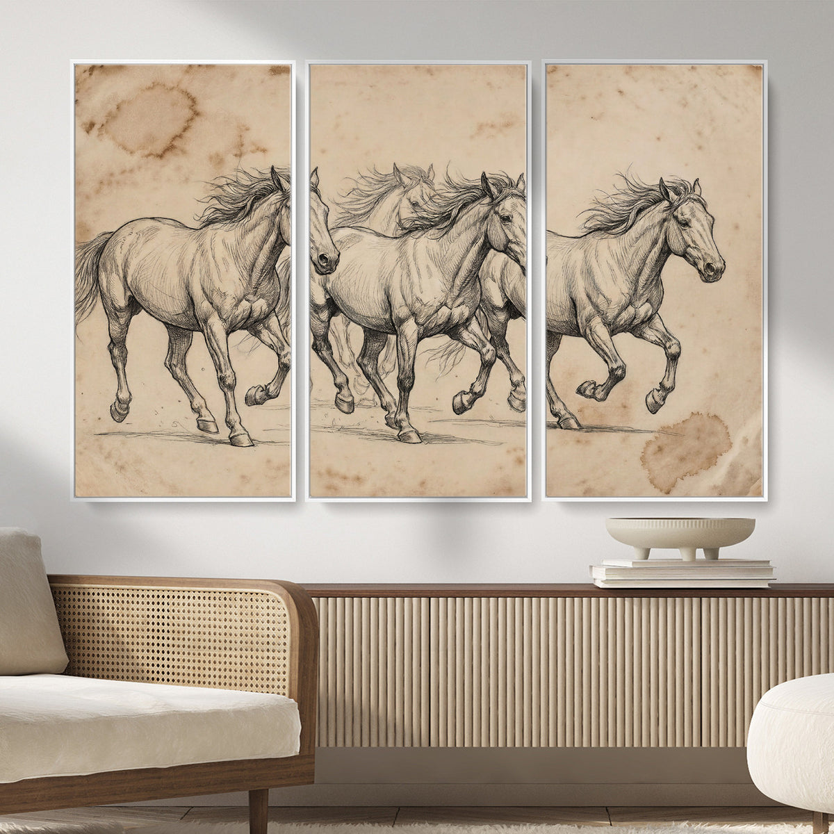 56046981-MGV-CV-36X24 - Sepia Wild Horses Canvas Art, Antique Pencil Drawing Print, Vintage Gallery Wall Decor, Rustic Equestrian Artwork, Traditional Den Gift