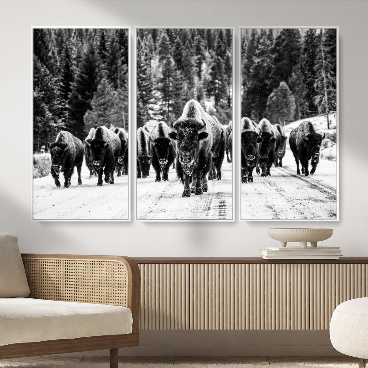 79337077-MGV-CV-36X24 - Black and White Bison Canvas Art, American Buffalo Print, Winter Wildlife Photography, Rustic Forest Wall Decor, Large Statement Nature Gift