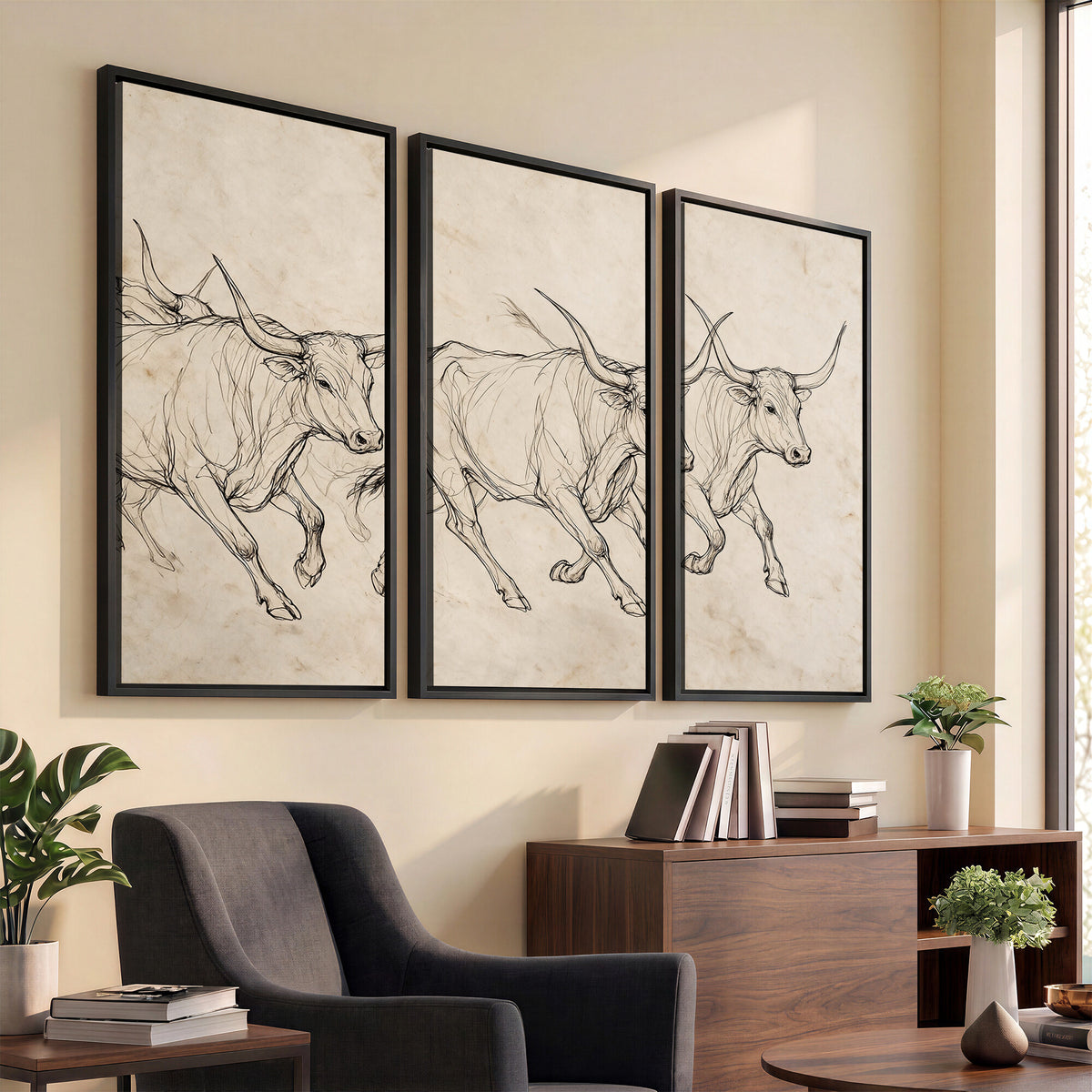 87177621-MGV-CV-36X24 - Minimalist Longhorn Line Art, Modern Texas Bull Canvas Print, Abstract Western Wall Decor