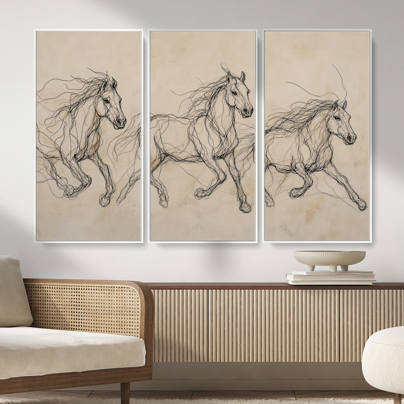 81051673-MGV-CV-36X24 - Abstract Horse Line Art Canvas, Gesture Sketch Wild Horses Print, Modern Scribble Artwork, Minimalist Equine Wall Decor, Rustic Studio Gift