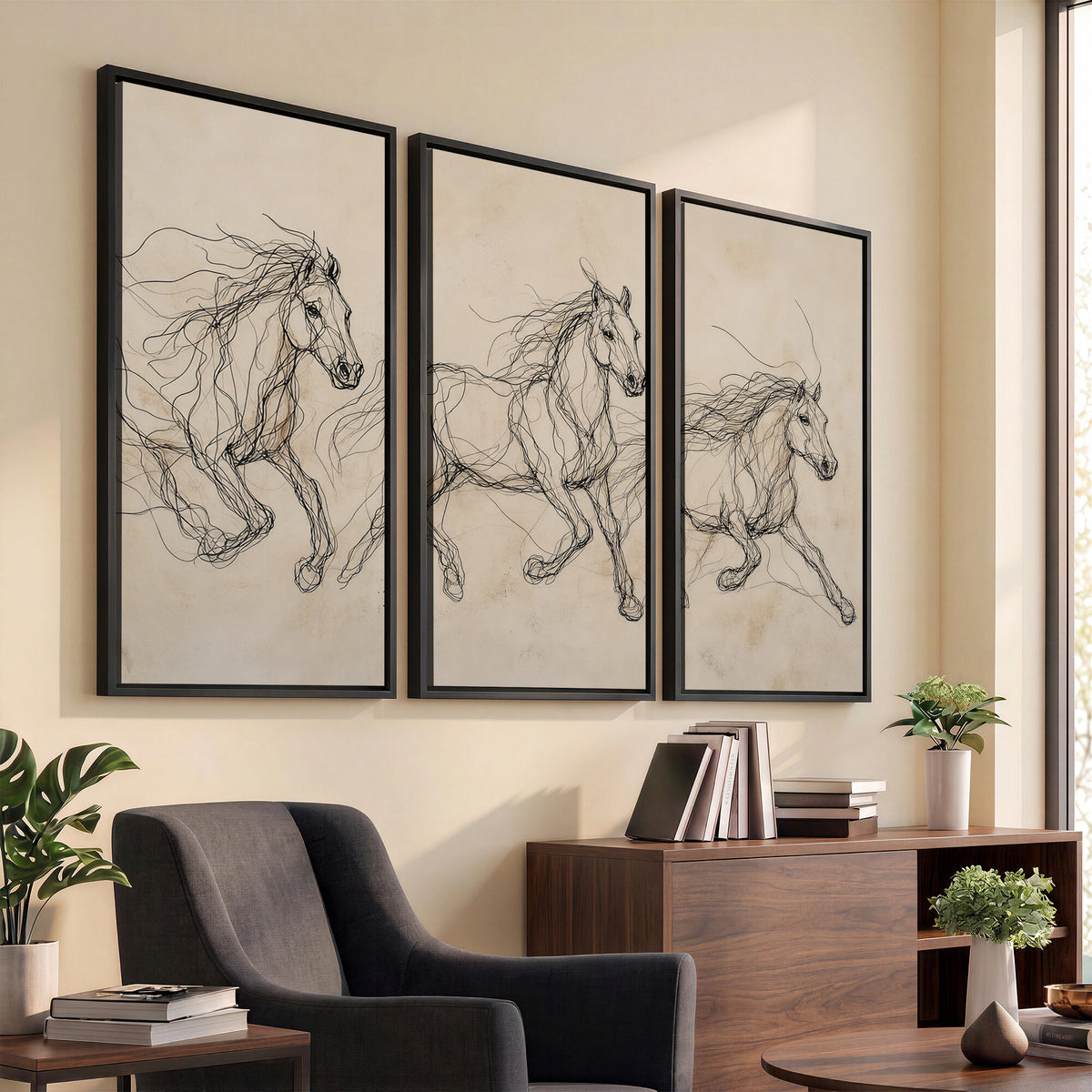 81051673-MGV-CV-36X24 - Abstract Horse Line Art Canvas, Gesture Sketch Wild Horses Print, Minimalist Equine Decor