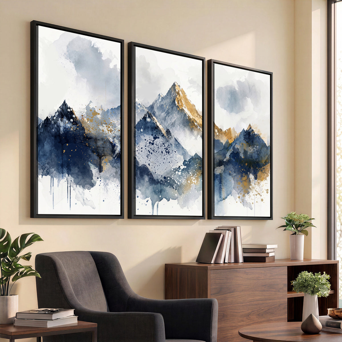 87460616-MGV-CV-36X24 - Abstract Mountain Canvas Wall Art, Blue Gold Foil Landscape Print, Modern Indigo Wall Decor