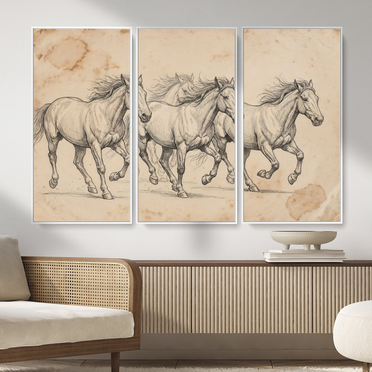 16644391-MGV-CV-36X24 - Vintage Horse Sketch Canvas Wall Art, Wild Horses Pencil Drawing Print, Antique Parchment Western Decor, Equine Sketching, Country Manor Gift