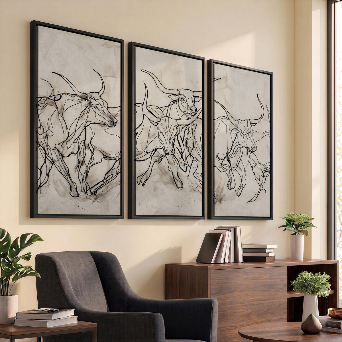 16671245-MGV-CV-36X24 - Minimalist Longhorn Line Art, Modern Texas Bull Canvas Print, Abstract Western Wall Decor