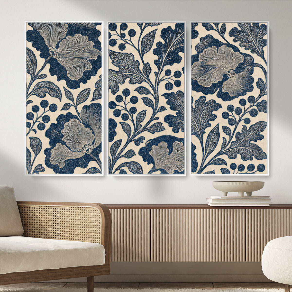 23824002-MGV-CV-36X24 - William Morris Style Navy Blue Floral Wall Art Canvas Print, Vintage Cream Botanical Painting Print