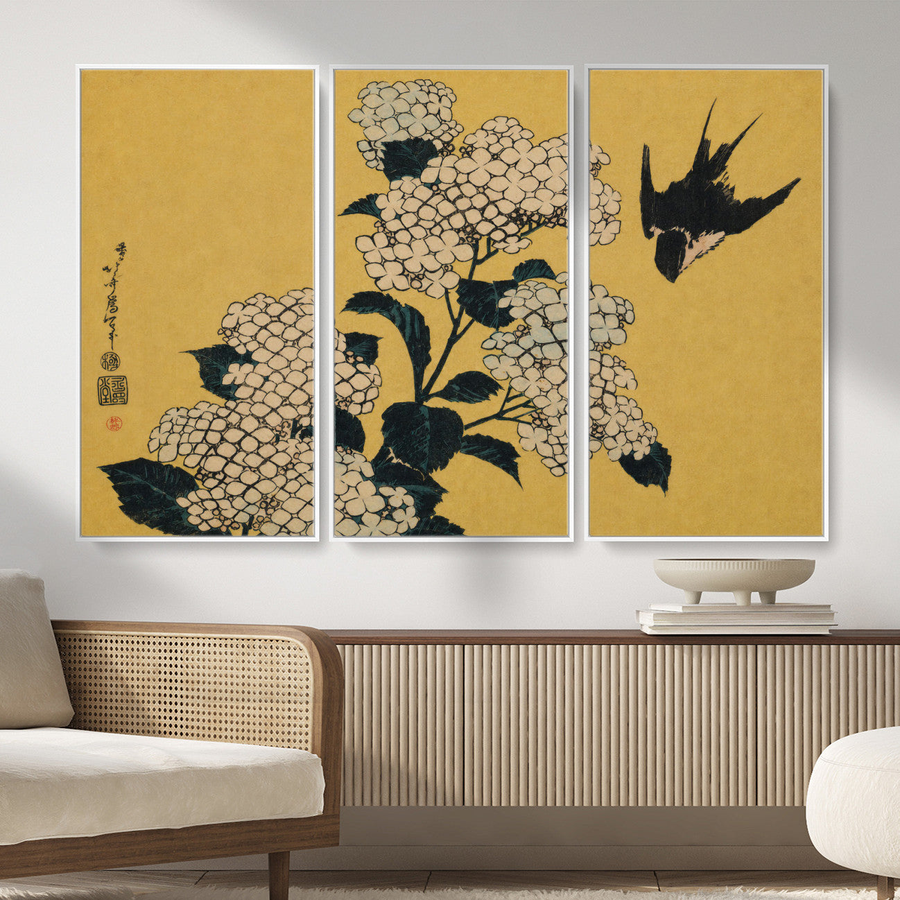 92483501-MGV-CV-36X24 - Katsushika Hokusai Hydrangea and Swallow Wall Art Canvas Print, Japanese Woodblock Painting Print