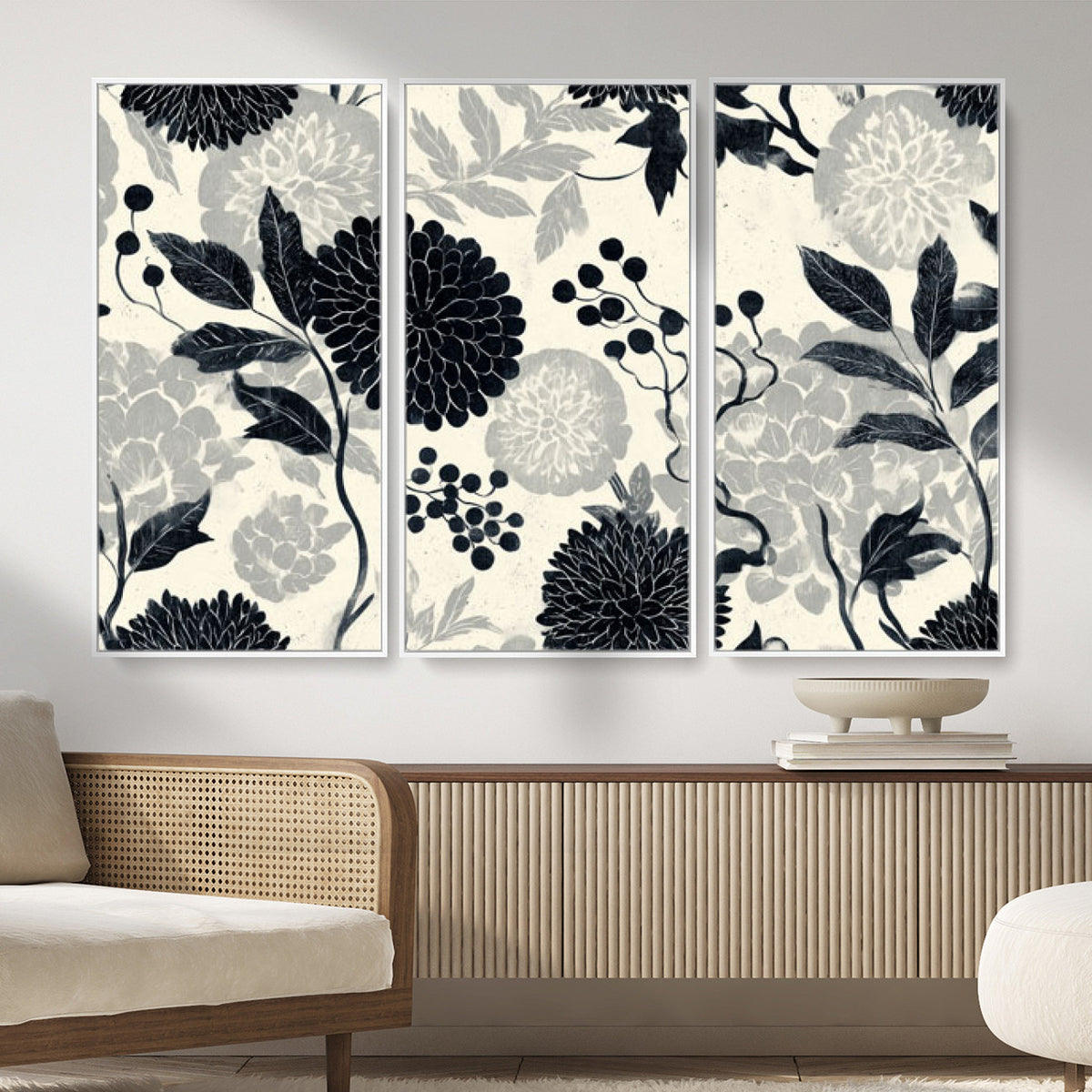 61524791-MGV-CV-36X24 - Vintage Black Chrysanthemum Wall Art Canvas Print, Monochrome Dhalia Floral Painting Print