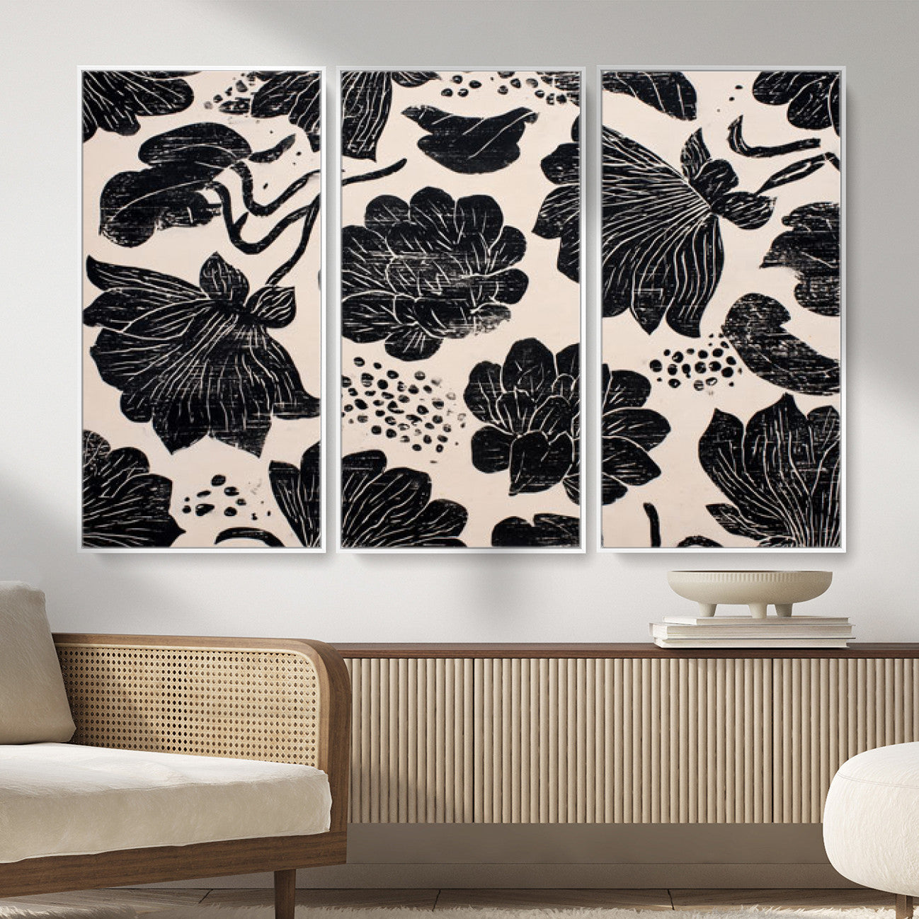 81787117-MGV-CV-36X24 - Linocut Black Lotus Floral Wall Art Canvas Print, Vintage Monochrome Botanical Painting Print