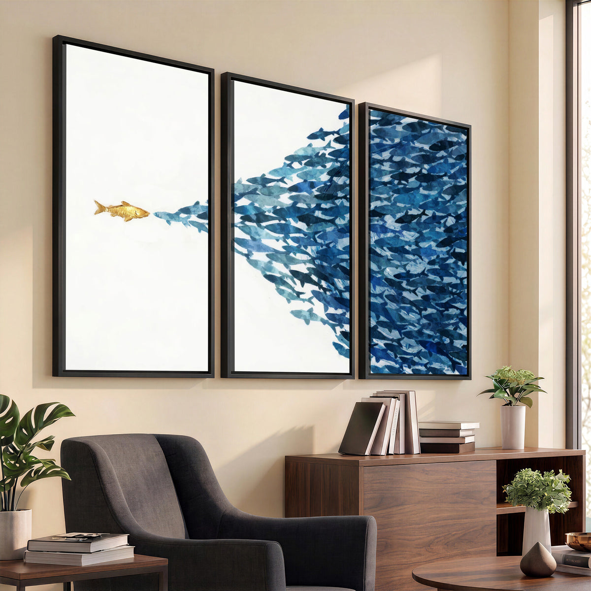 79089639-MGV-CV-36X24 - Abstract Blue Fish School Canvas Wall Art, Gold Foil Accent Marine Print