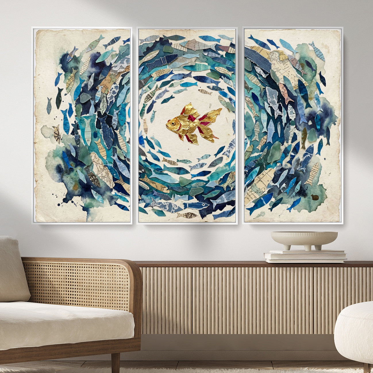 73165663-MGV-CV-36X24 - Mixed Media Blue Fish Swirl Canvas Wall Art, Goldfish Collage Ocean Print