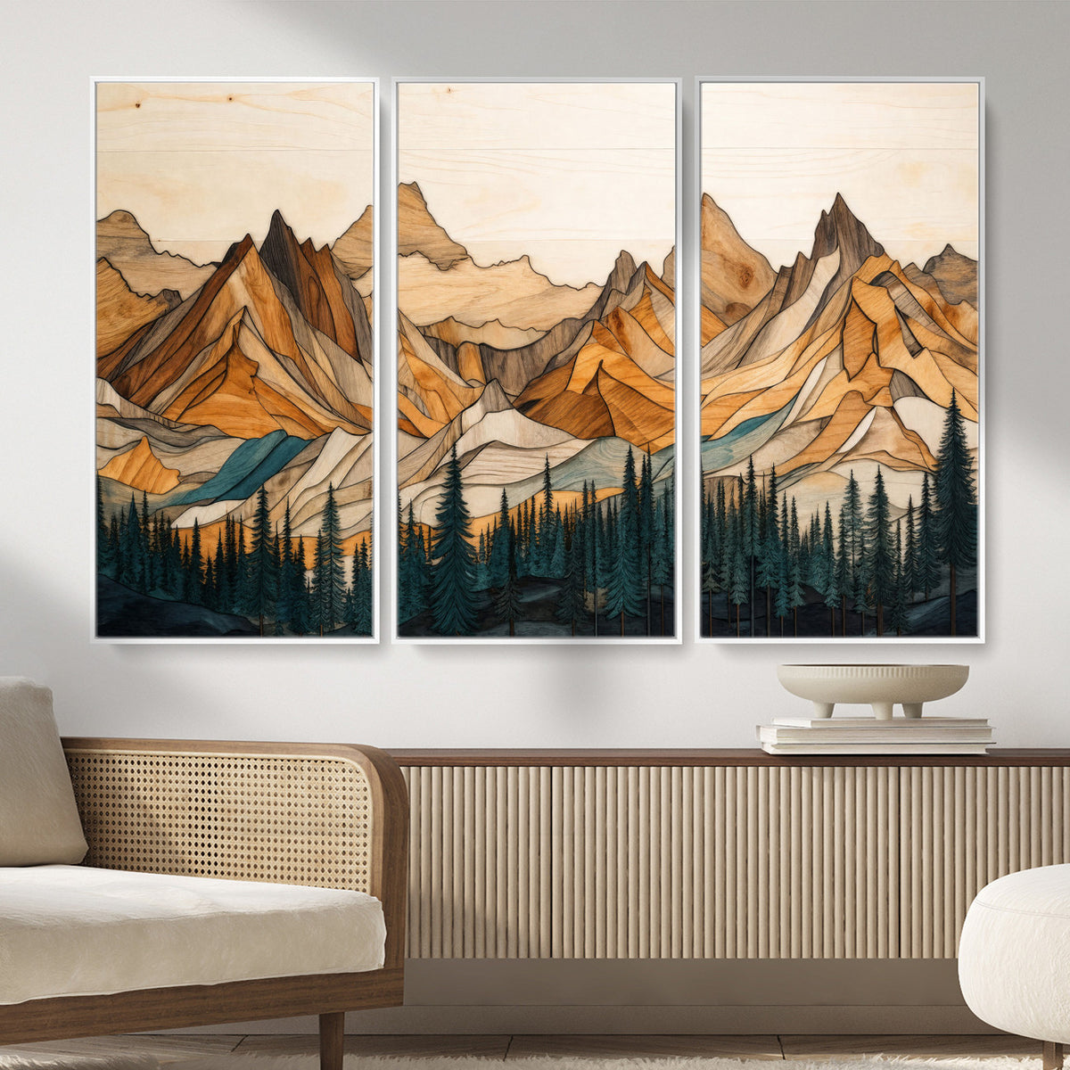 57384313-MGV-CV-48X32-3P - Mountain Landscape Canvas Wall Art with Wood Grain Effect, Golden Peaks and Teal Pine Forest, Framed Cabin Decor