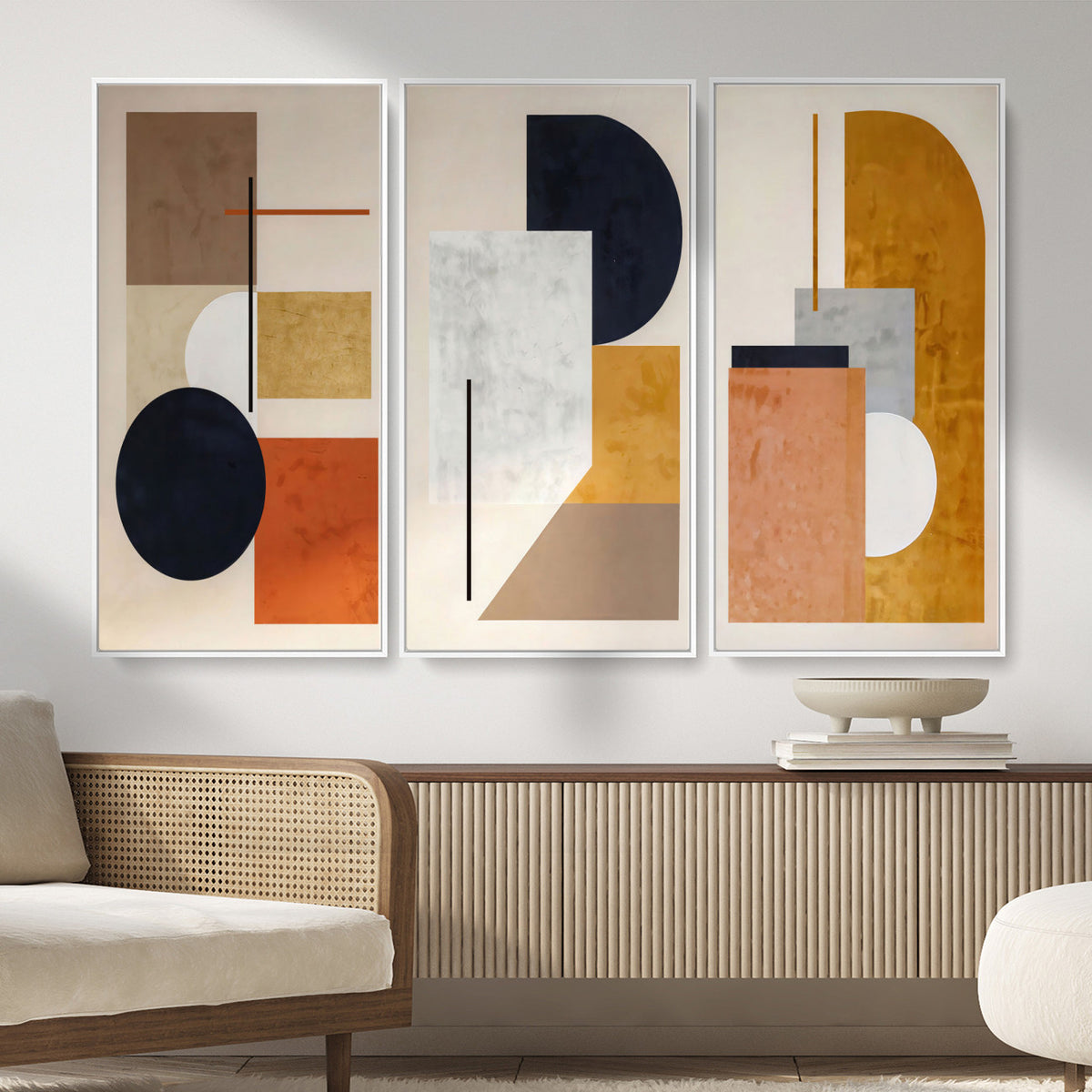 87361249-MGV-CV-48X32-3P - Mid Century Modern Geometric Canvas Wall Art, Abstract Triptych Print