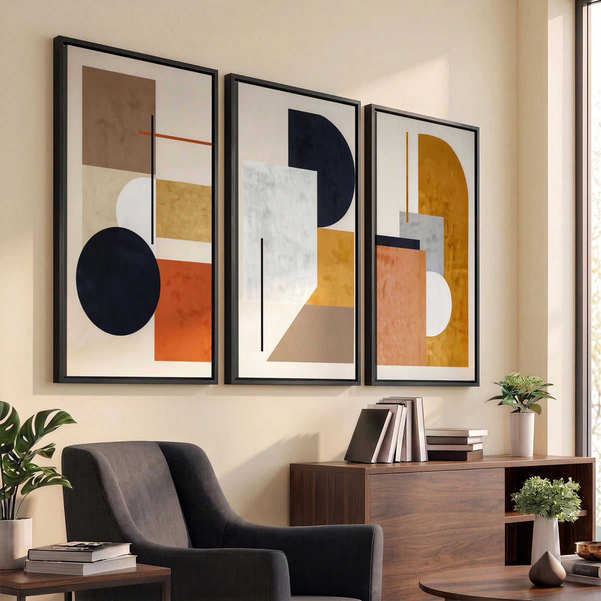 87361249-MGV-CV-48X32-3P - Mid Century Modern Geometric Canvas Wall Art, Abstract Triptych Print