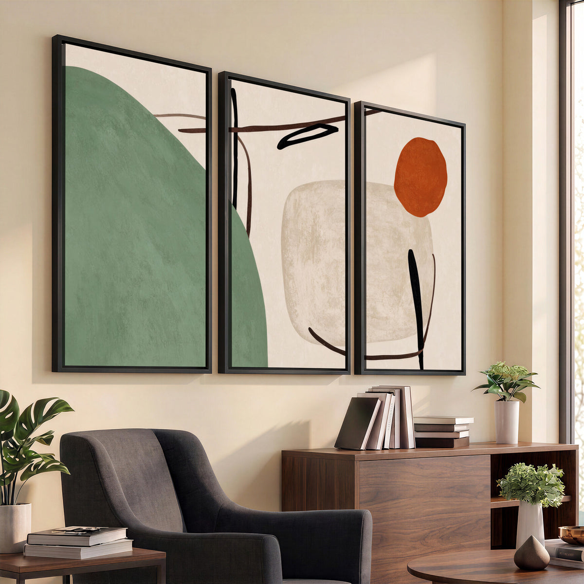 46798824-MGV-CV-48X32-3P - Mid Century Modern Geometric Canvas Wall Art, Abstract Triptych Print