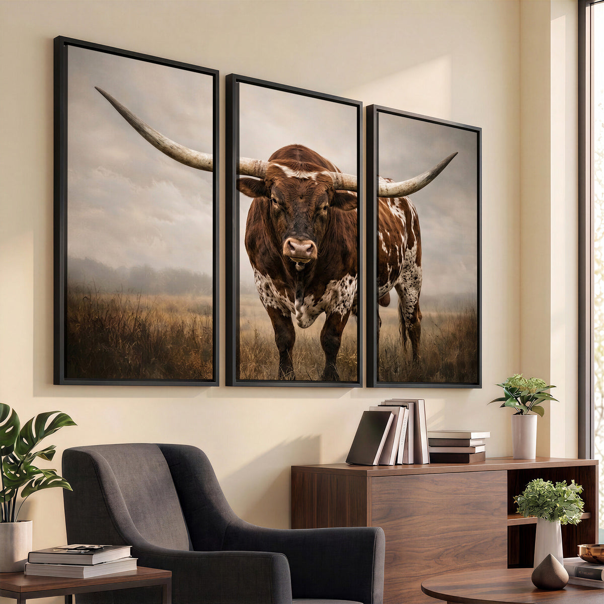 25239047A-MGV-CV-36X24 - Texas Longhorn Canvas Wall Art Western Bull Desert Moody Grey Overcast Rustic Farmhouse Framed Large for Living Room Bedroom Office Decor