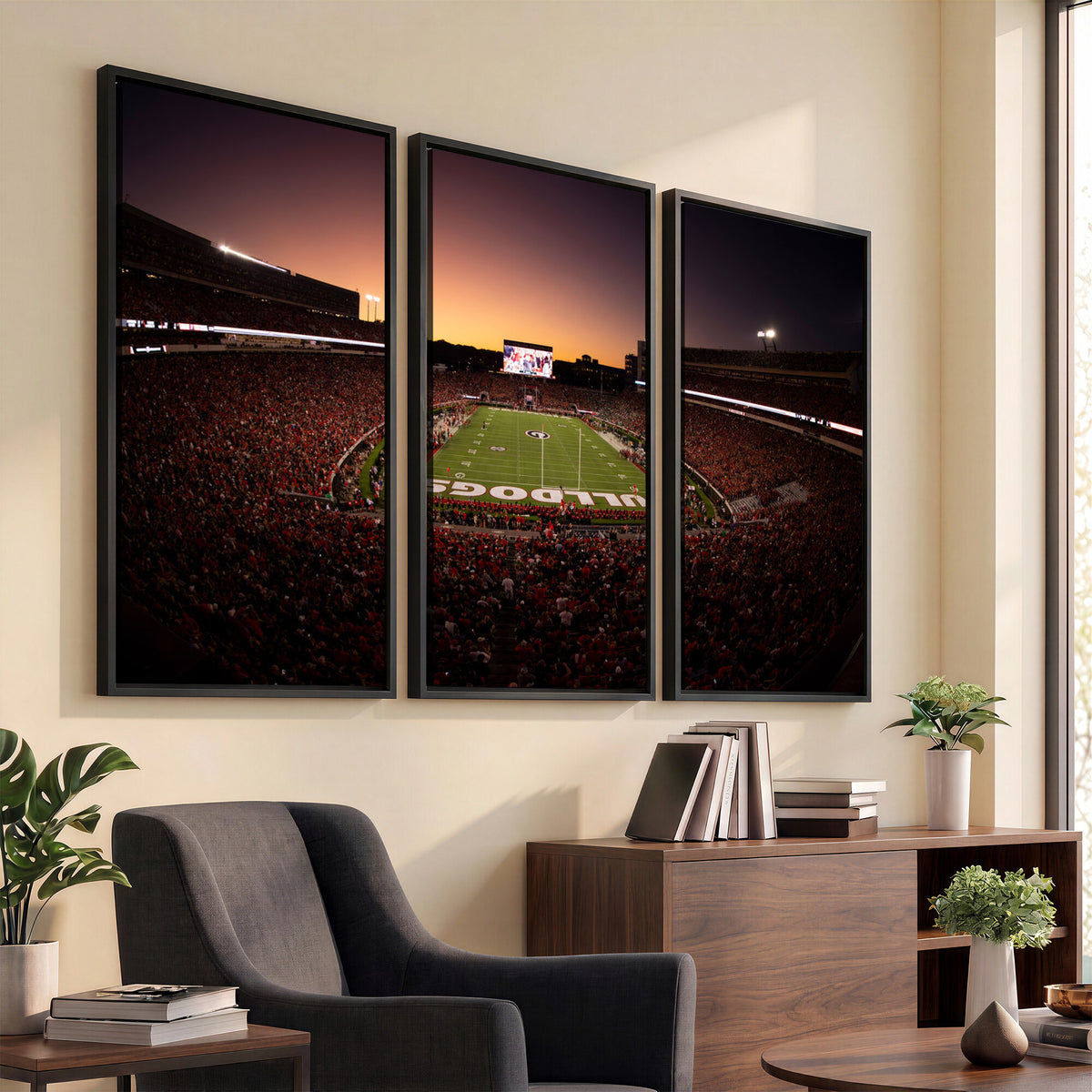 97720998-_Poster-30x20 - Georgia Bulldogs Stadium Sunset Canvas Print 3 Piece Framed Wall Art Extra Large Floating Frame Sports Poster Made in USA